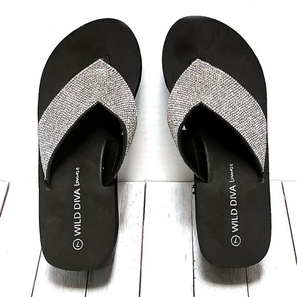 New Black Rhineatone Thong Platform Wedge Sandals - Picture 5 of 5